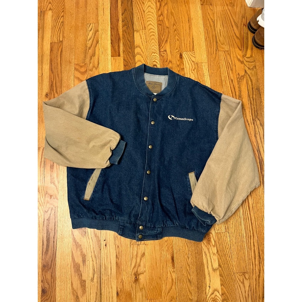 Three Rivers Authentic Denim Varsity Jacket XL Mens Blue Tan CommScope USA Made